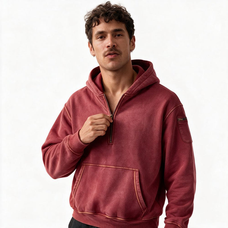 Acid-Wash Half-Zip Hoodie