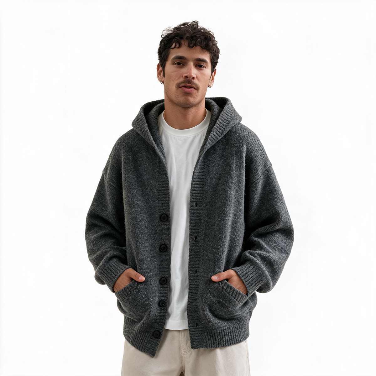 Vintage Hooded Cardigan in Dark Gray — AI-generated image of an adult male model wearing the hooded knit cardigan