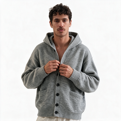 Vintage Hooded Cardigan in Light Gray — AI-generated image of an adult male model wearing the hooded knit cardigan (adjusting the front buttons)