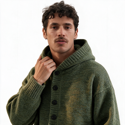 Vintage Hooded Cardigan in Green — AI-generated close-up of an adult male model wearing the hooded knit cardigan (holding the collar)