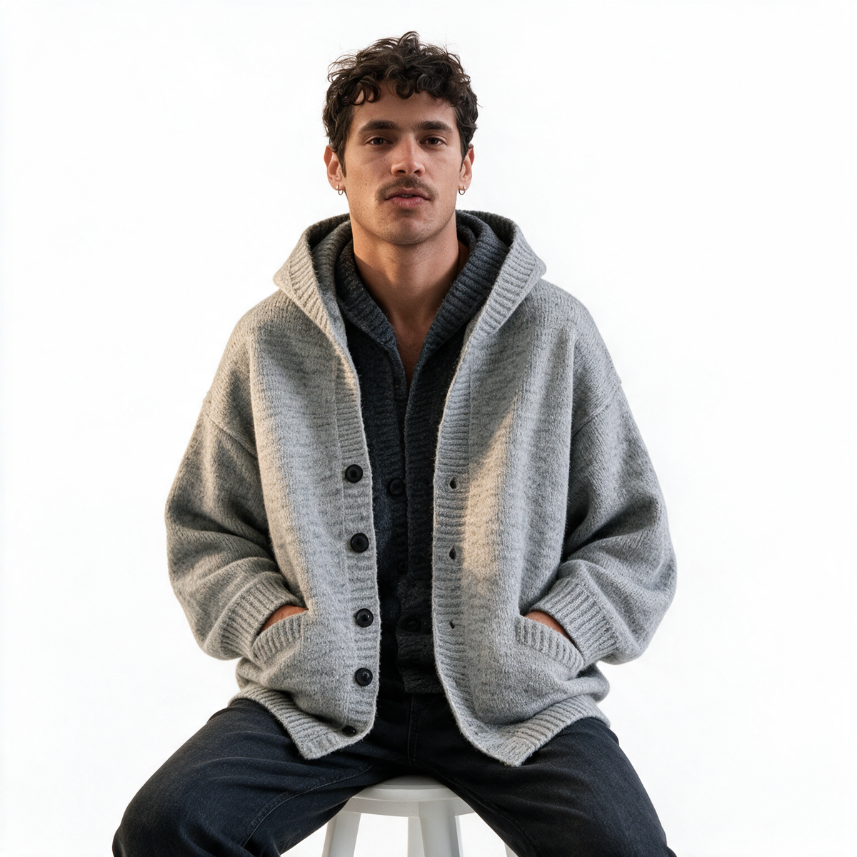 Vintage Hooded Cardigan in Light Gray — AI-generated image of an adult male model wearing the hooded knit cardigan (seated)