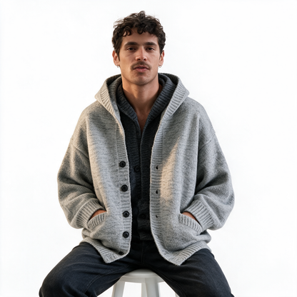Vintage Hooded Cardigan in Light Gray — AI-generated image of an adult male model wearing the hooded knit cardigan (seated)