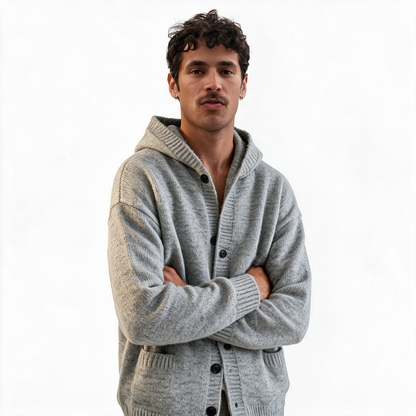 Vintage Hooded Cardigan in Light Gray — AI-generated image of an adult male model wearing the hooded knit cardigan (arms crossed)