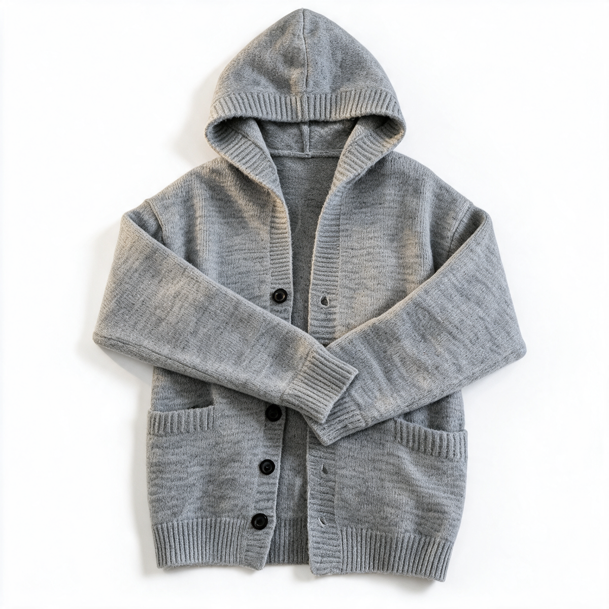 Vintage Hooded Cardigan in Light Gray — AI-generated studio flat-lay of the hooded knit cardigan (sleeves crossed)