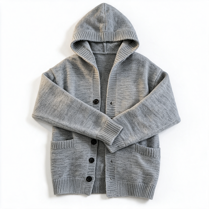 Vintage Hooded Cardigan in Light Gray — AI-generated studio flat-lay of the hooded knit cardigan (sleeves crossed)