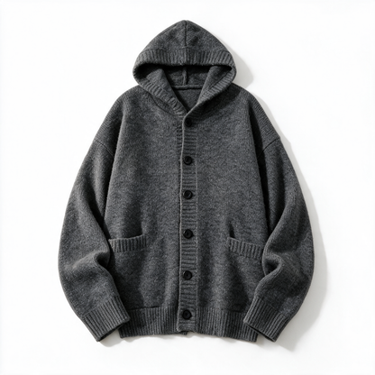 Vintage Hooded Cardigan in Dark Gray — AI-generated studio flat-lay of the hooded knit cardigan (buttoned)